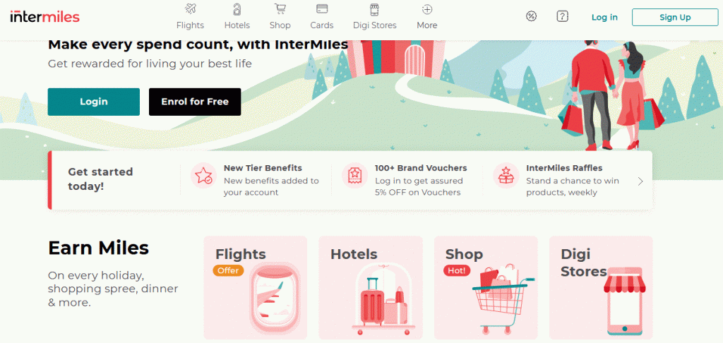 Pic showing Intermiles Homepage which shows all options to earn and redeem miles on flights, shopping vouchers and save money
