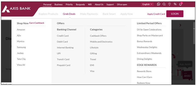 Visit Grab Deals from Axis Bank Homepage